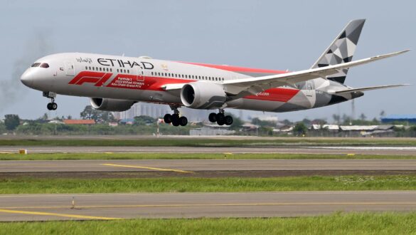 an airplane landing on runway
