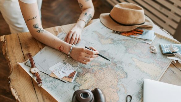 a woman checking a world map