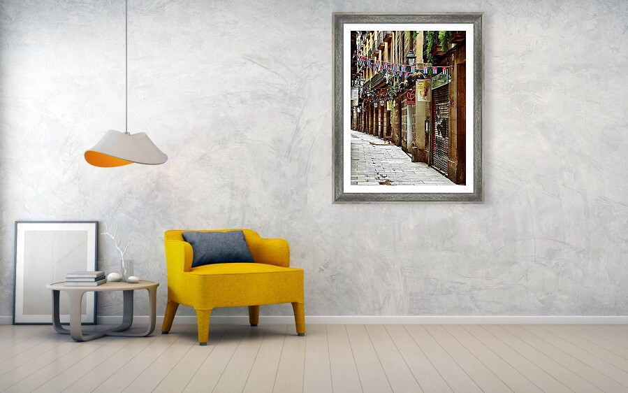 A Taste of Havana in Barcelona's Historic Streets Colorful Flags in Charming Alley Framed Print
