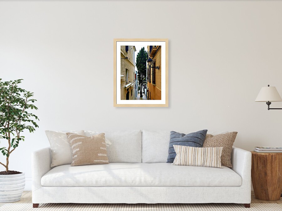 A Tree-Lined Alleyway in the Charming Streets of Sitges, Spain Framed Print