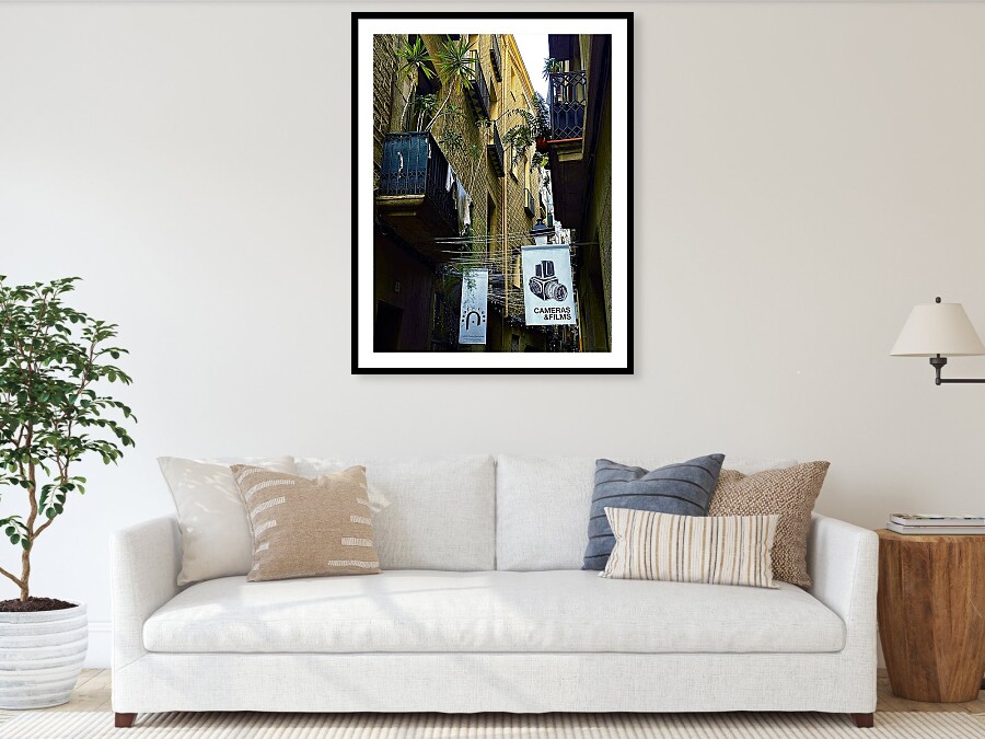 Cameras and Films Alleyway in Barcelona's Gothic Quarter Framed Print