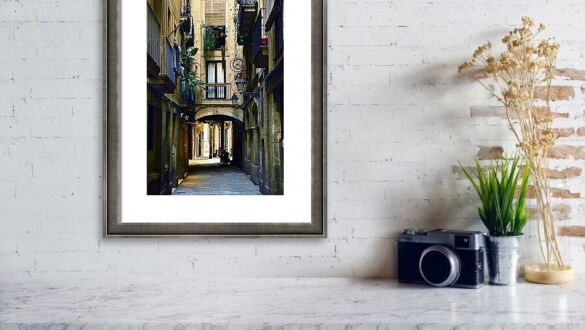 Charming Archway and Bicycle in Barcelona's Gothic Quarter Framed Print