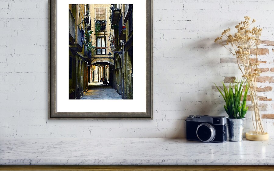 Charming Archway and Bicycle in Barcelona's Gothic Quarter Framed Print