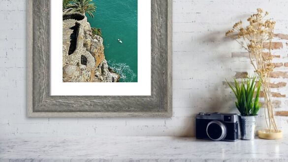 Coastal Serenity in Peniscola - Charming Cliffside Pathway and Turquoise Sea Framed Print