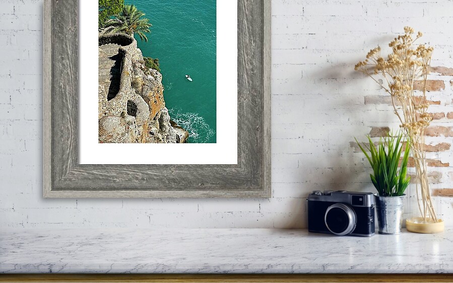Coastal Serenity in Peniscola - Charming Cliffside Pathway and Turquoise Sea Framed Print