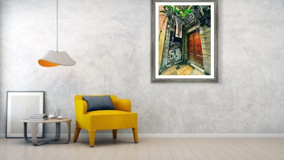 Hidden Gem in Barcelona's Gothic Quarter Rustic Courtyard Entrance with Plants Framed Print`