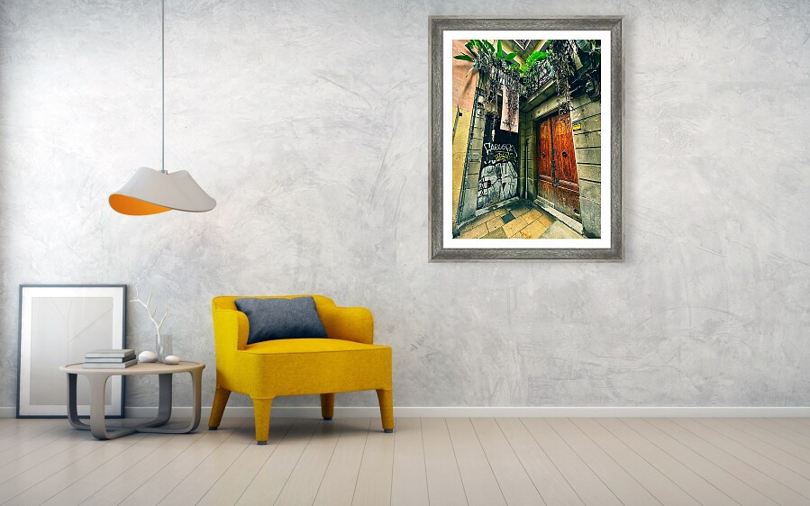 Hidden Gem in Barcelona's Gothic Quarter Rustic Courtyard Entrance with Plants Framed Print`