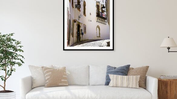 Historic Cobblestone Street and Gothic Windows, Sitges Old Town, Spain