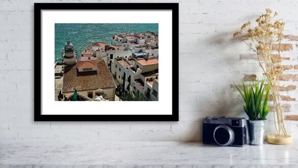 Lighthouse and Rooftops - Peniscola - Coastal Rooftops and Lighthouse Framed Print