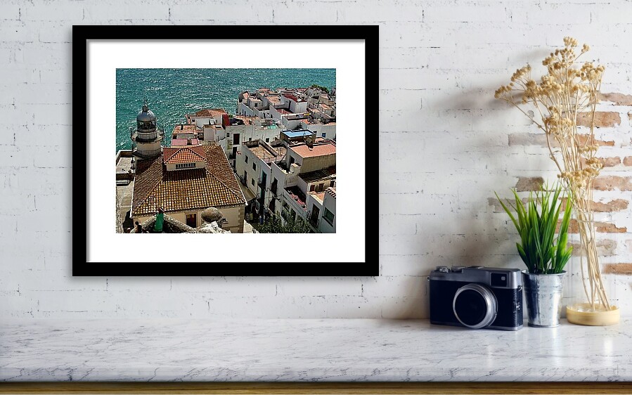 Lighthouse and Rooftops - Peniscola - Coastal Rooftops and Lighthouse Framed Print