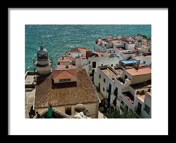 Lighthouse and Rooftops - Peniscola - Coastal Rooftops and Lighthouse Framed Print