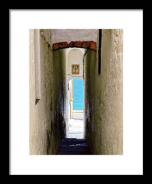 Narrow Coastal Alley Opening to the Mediterranean Sea, Sitges Framed Print