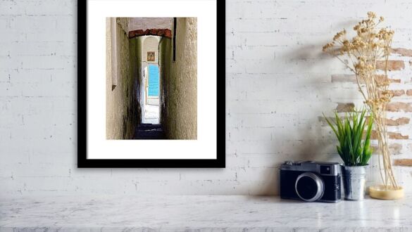Narrow Coastal Alley Opening to the Mediterranean Sea, Sitges Framed Print