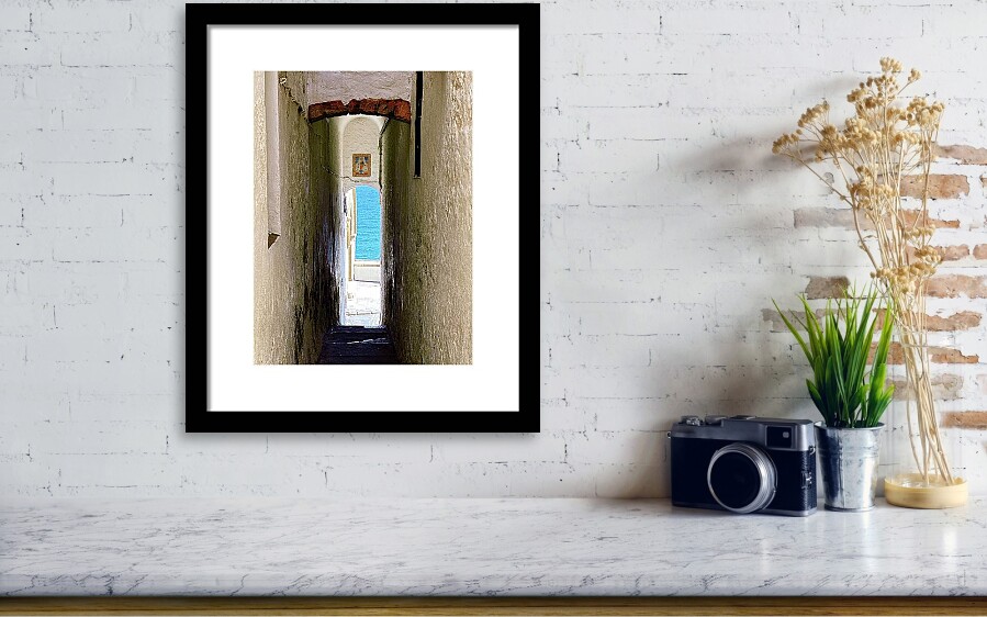 Narrow Coastal Alley Opening to the Mediterranean Sea, Sitges Framed Print