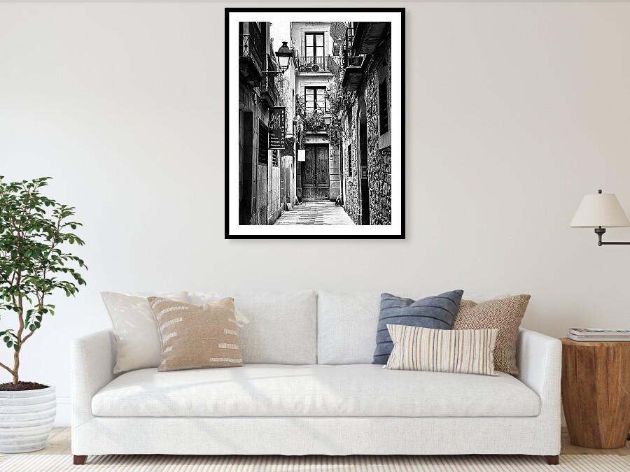 Narrow Historic Alleyway with A Blend of Old and New in Barcelona's Gothic Quarter