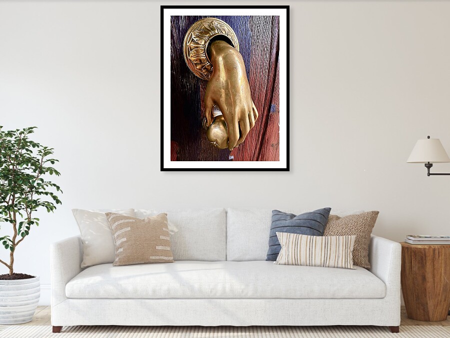Ornate Brass Hand Door Knocker from Palma de Mallorca Framed Print