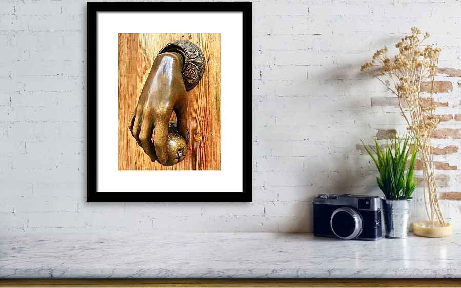 Ornate Hand-Shaped Door Knocker in Palma de Mallorca Framed Print
