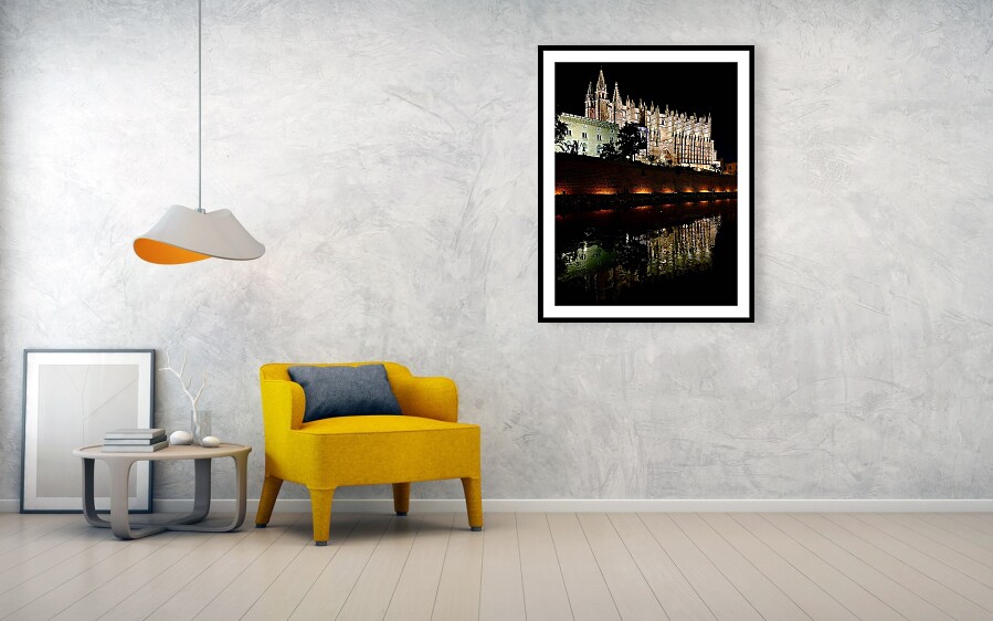 Palma Cathedral - La Seu - Night Reflection Over Parc de la Mar Framed Print