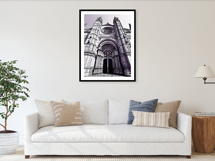 Palma Cathedral's Gothic Facade in Black and White Framed Print