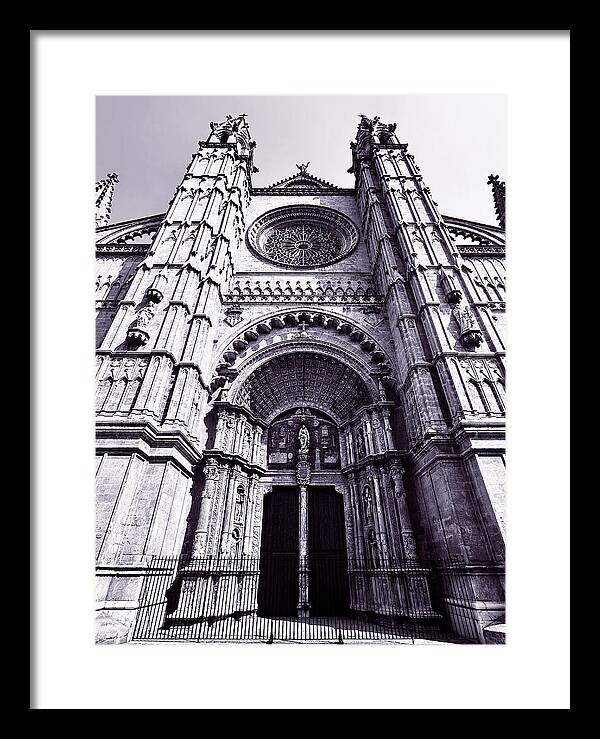 Palma Cathedral's Gothic Facade in Black and White Framed Print