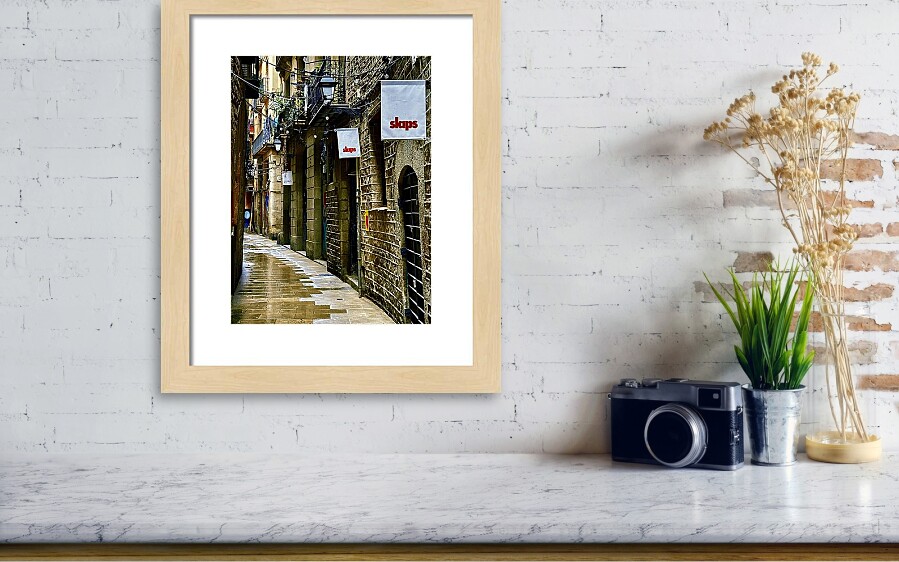 Rainy Day Charm in Barcelona's Gothic Quarter Framed Print