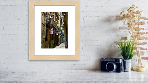 Reflections and Restaurants in Barcelona's Gothic Quarter Framed Print