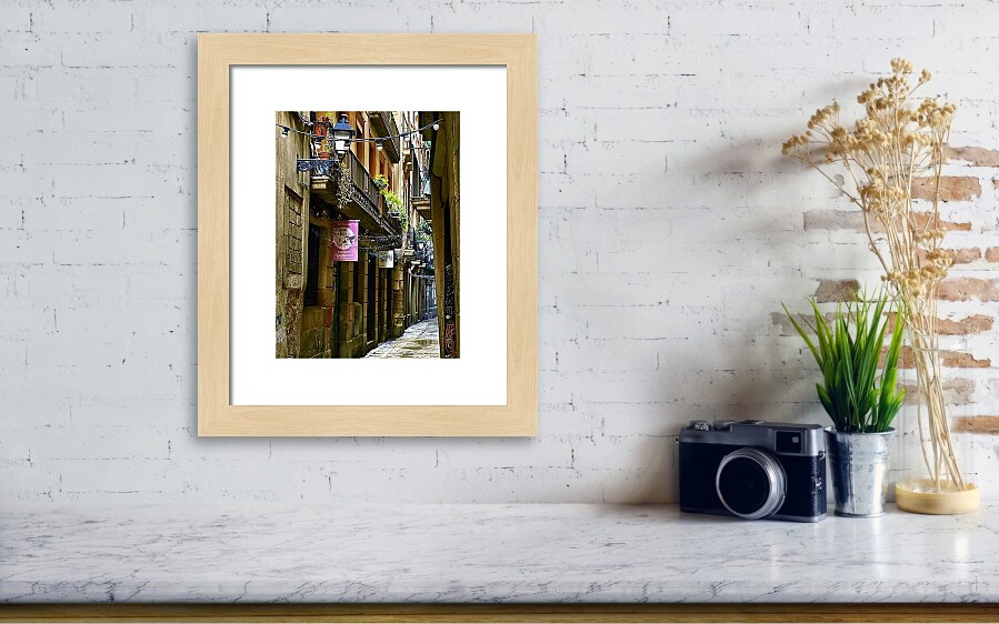 Reflections and Restaurants in Barcelona's Gothic Quarter Framed Print