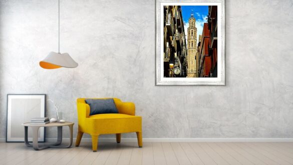 Santa Maria del Mar Tower Framed by Barcelona's Historic Streets Framed Print