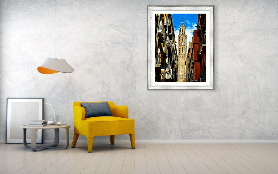 Santa Maria del Mar Tower Framed by Barcelona's Historic Streets Framed Print