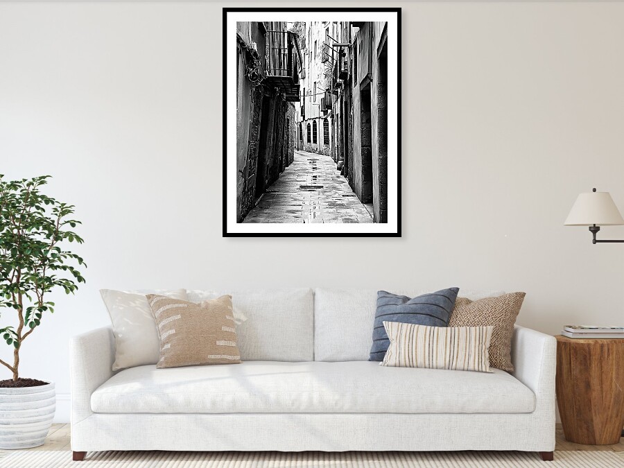 Timeless Alleyway in Barcelona's Gothic Quarter Framed Print