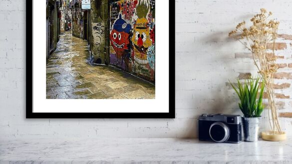 Vibrant Street Art and Reflections in Barcelona's Gothic Quarter Framed Print