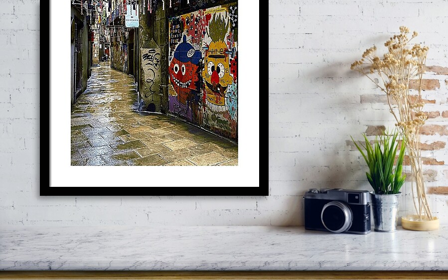 Vibrant Street Art and Reflections in Barcelona's Gothic Quarter Framed Print