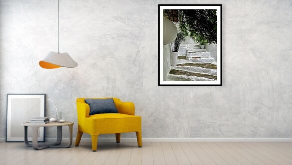 Whitewashed Steps of Peniscola - Serene Stone Stairway with Greenery Framed Print