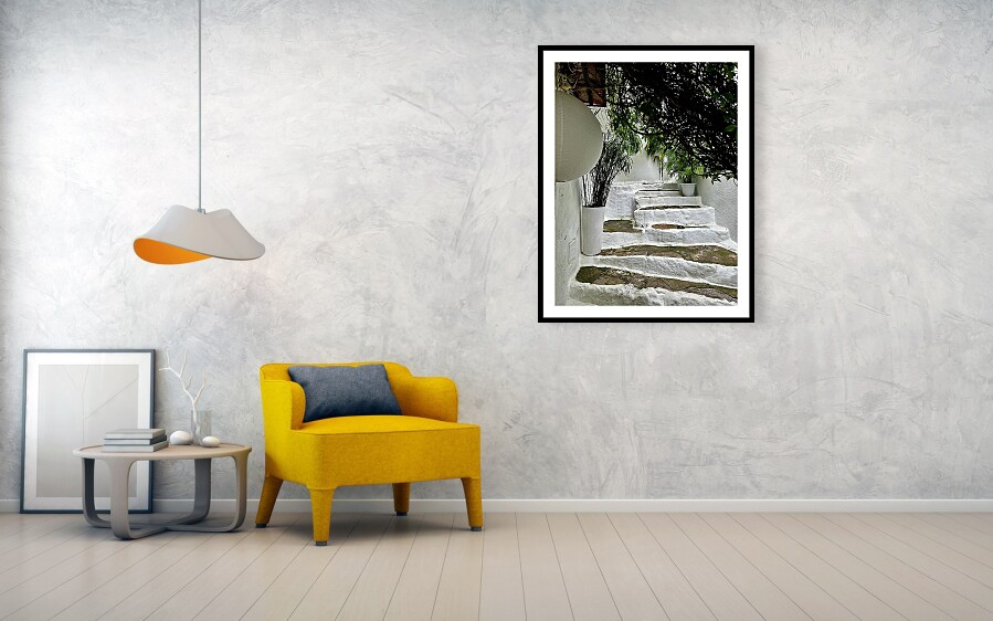 Whitewashed Steps of Peniscola - Serene Stone Stairway with Greenery Framed Print