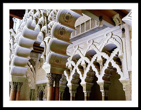 Intricate Mudejar Arches in the Patio de Santa Isabel, Aljaferia Palace Framed Print
