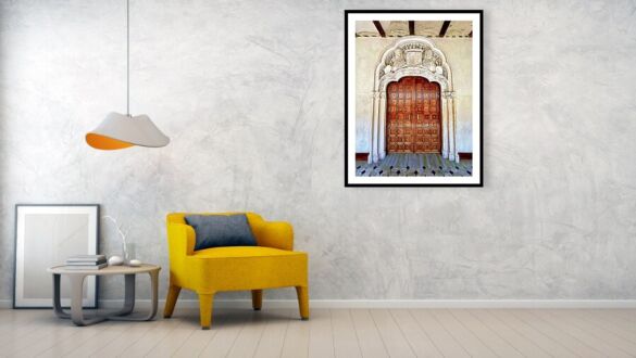 Ornate Renaissance Doorway with Heraldic Crest, Historic Palace Zaragoza Framed Print