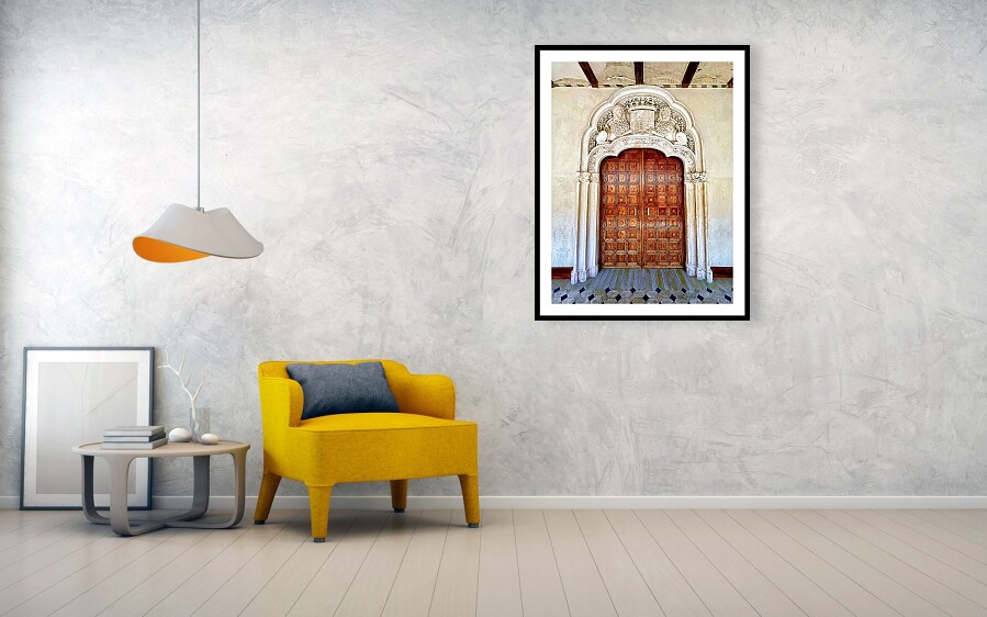 Ornate Renaissance Doorway with Heraldic Crest, Historic Palace Zaragoza Framed Print