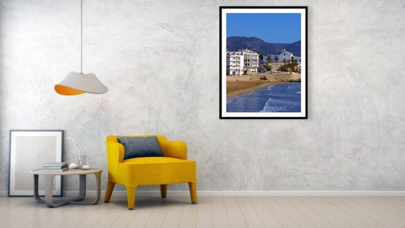 Framed Print Sitges Spain Art Print Sant Sebastia Beach Promenade Palm Trees and Modern Architecture