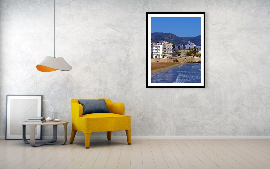 Framed Print Sitges Spain Art Print Sant Sebastia Beach Promenade Palm Trees and Modern Architecture