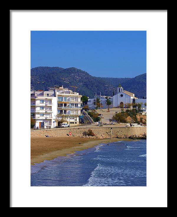 Framed Print Sitges Spain Art Print Sant Sebastia Beach Promenade Palm Trees and Modern Architecture