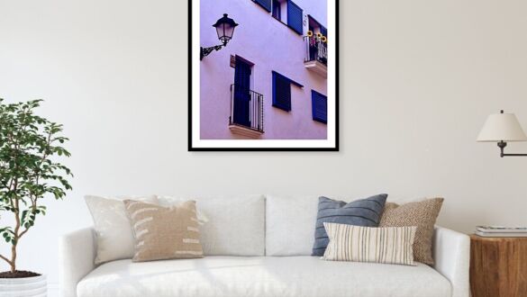Charming Balcony with Sunflowers Sitges Spain Art Print Sunflower Balcony with Blue Shutters Sitges