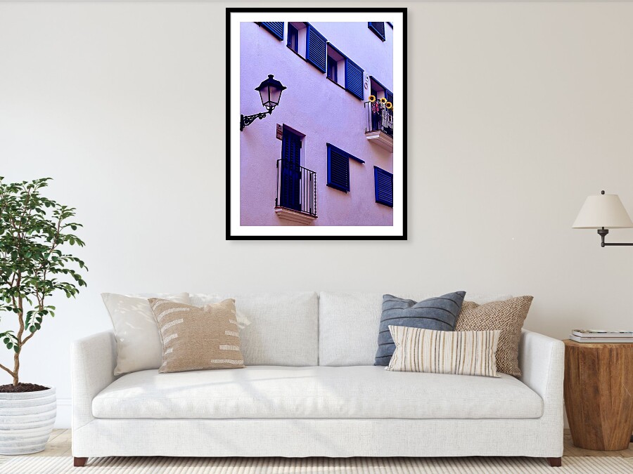 Charming Balcony with Sunflowers Sitges Spain Art Print Sunflower Balcony with Blue Shutters Sitges