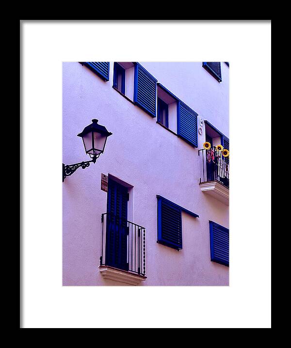 Charming Balcony with Sunflowers Sitges Spain Art Print Sunflower Balcony with Blue Shutters Sitges