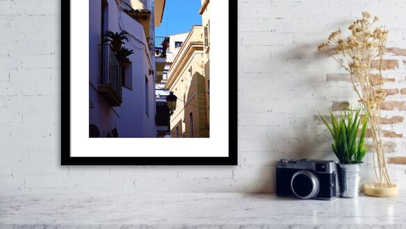 Charming Mediterranean Alleyway Sitges Spain Art Print Narrow Alley with Floral Balconies Framed Print