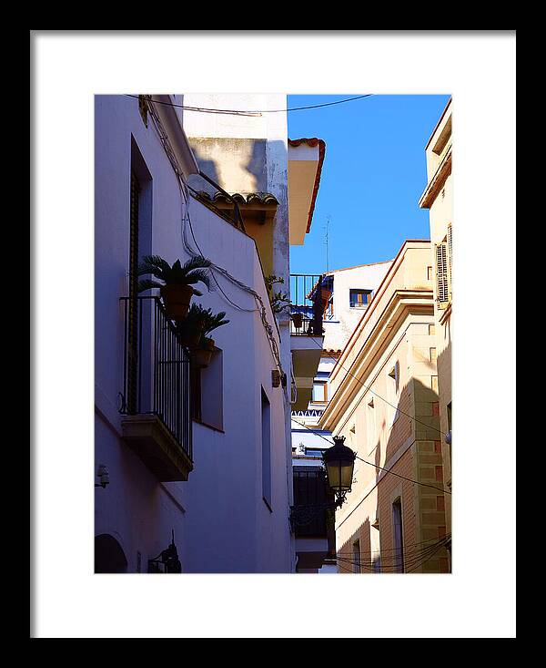 Charming Mediterranean Alleyway Sitges Spain Art Print Narrow Alley with Floral Balconies Framed Print