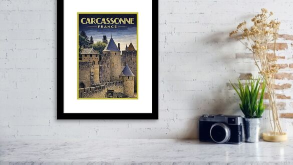 Medieval Walls of Carcassonne Vintage Carcassonne France Travel Poster - Medieval Fortress Wall Art