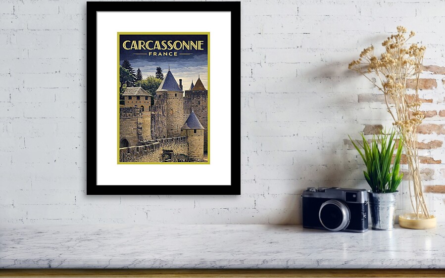 Medieval Walls of Carcassonne Vintage Carcassonne France Travel Poster - Medieval Fortress Wall Art
