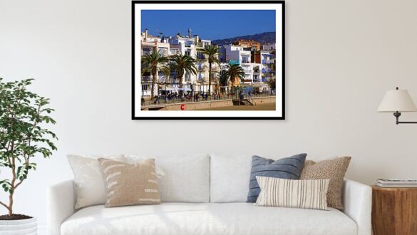 Sitges Spain Art Print Sant Sebastia Beach Promenade Palm Trees and Modern Architecture Print