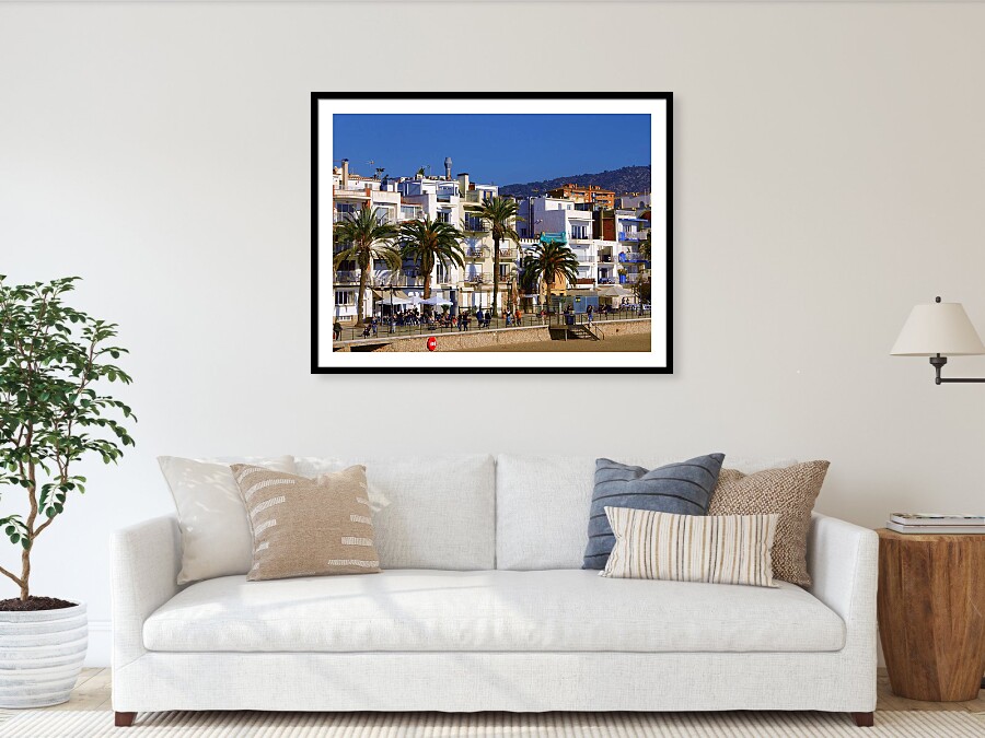 Sitges Spain Art Print Sant Sebastia Beach Promenade Palm Trees and Modern Architecture Print