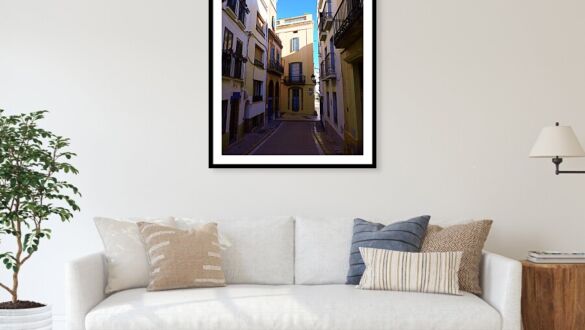 Sitges Spain Print Narrow Alleyway Tall Buildings and Vibrant Blue Sky Photography Print